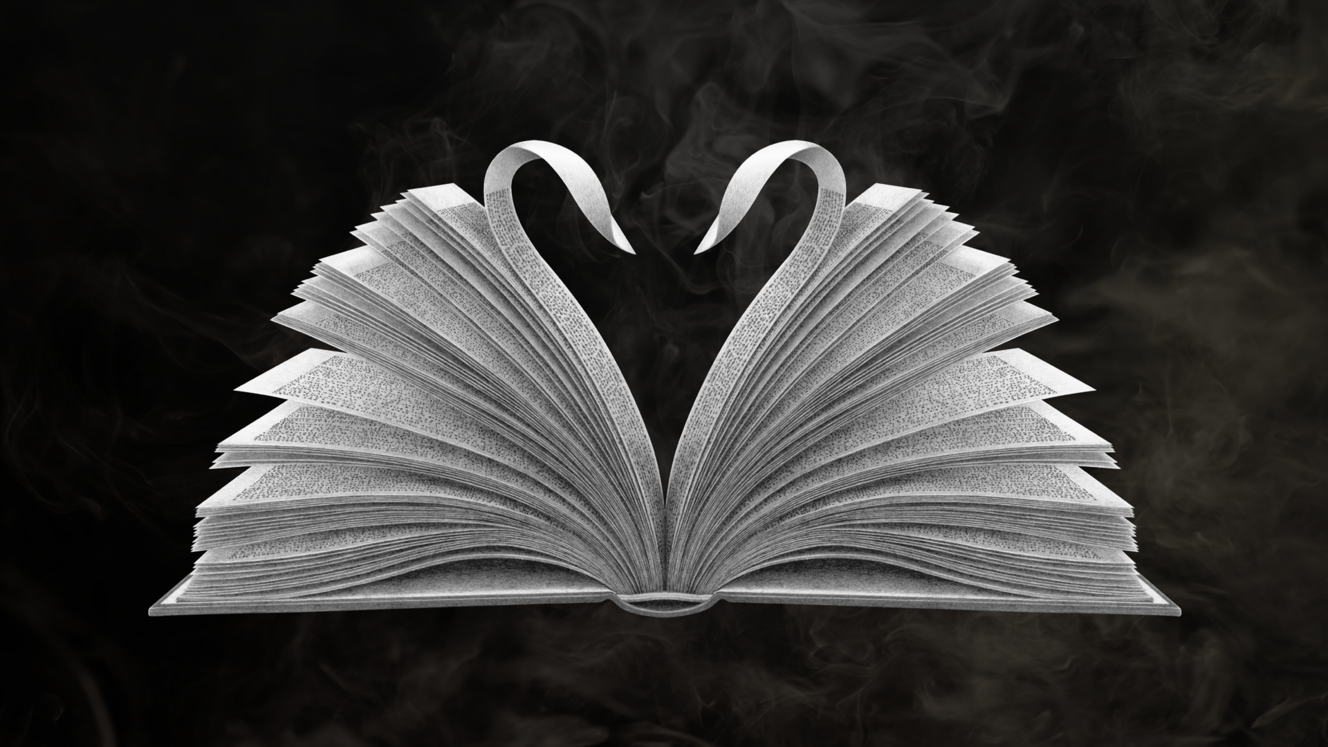 An illustration of an open book with pages folded to mimic the Houghton double swan logo.