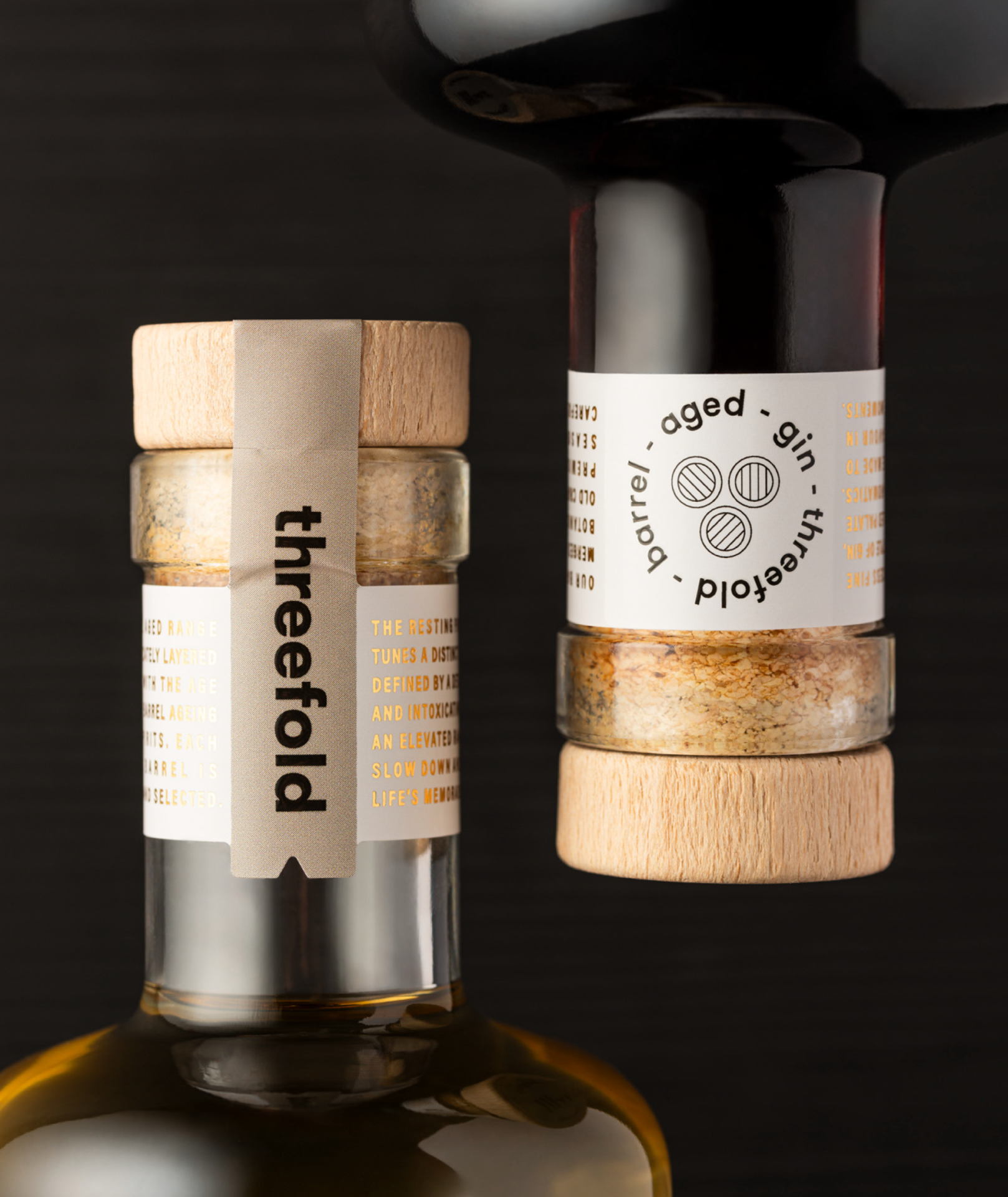A closeup of the Threefold Barrel Aged gin closure and neck label design showcasing a gold foil effect.