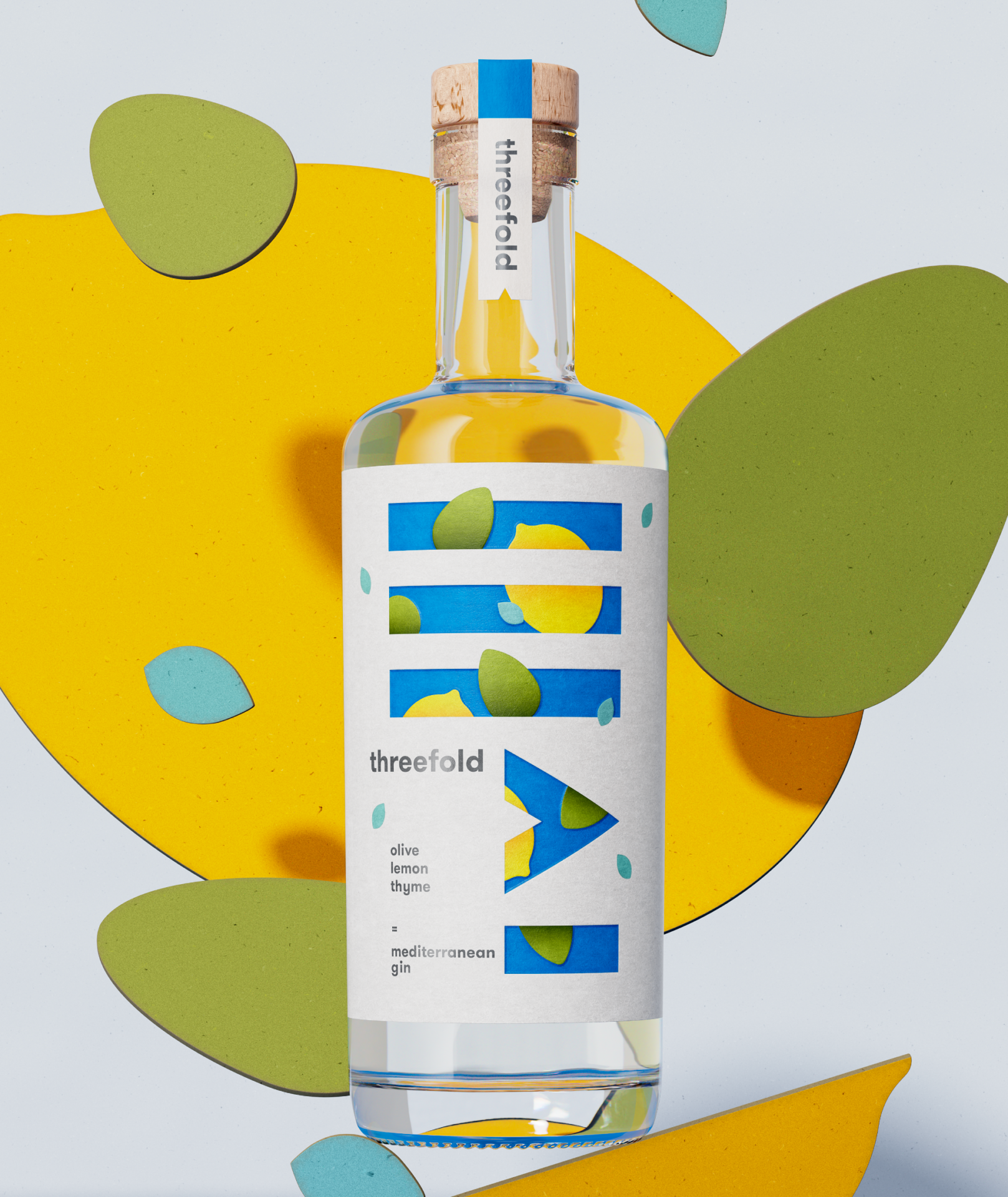 A photograph of a bottle of Threefold Mediterranean gin with colourful packaging design perched on colourful, floating cutout shapes of botanicals featured in the gin.