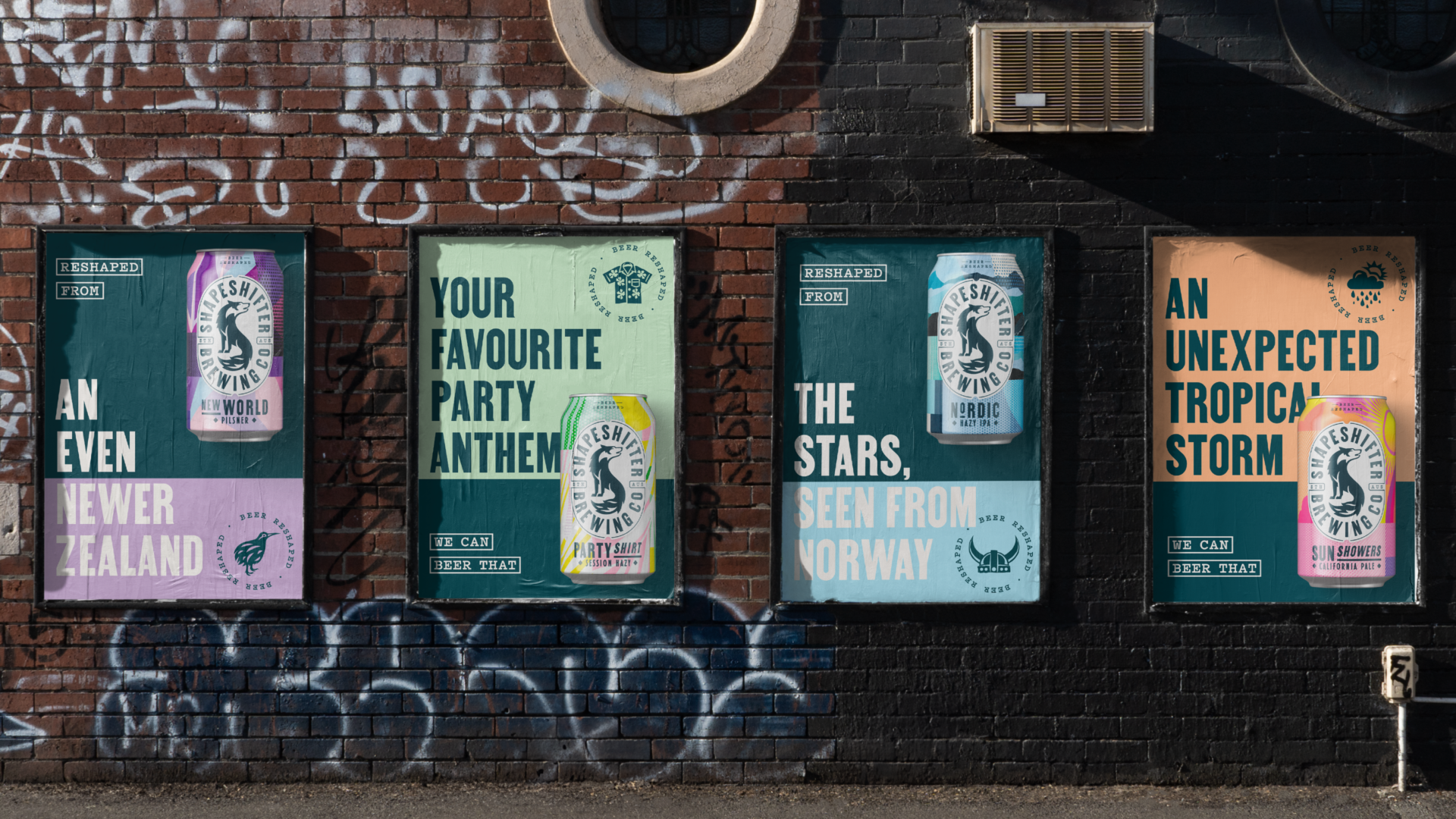 Shapeshifter craft beer posters mounted to a brick wall with street art