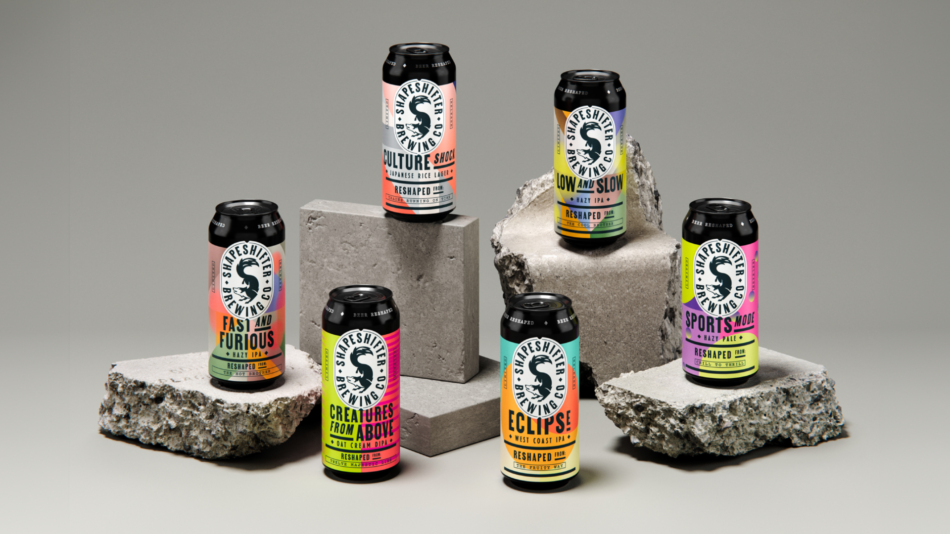 A colourful, bright image of limited edition craft beers by Shapeshifter Brewing Co. featuring a shapeshifting wolf logo