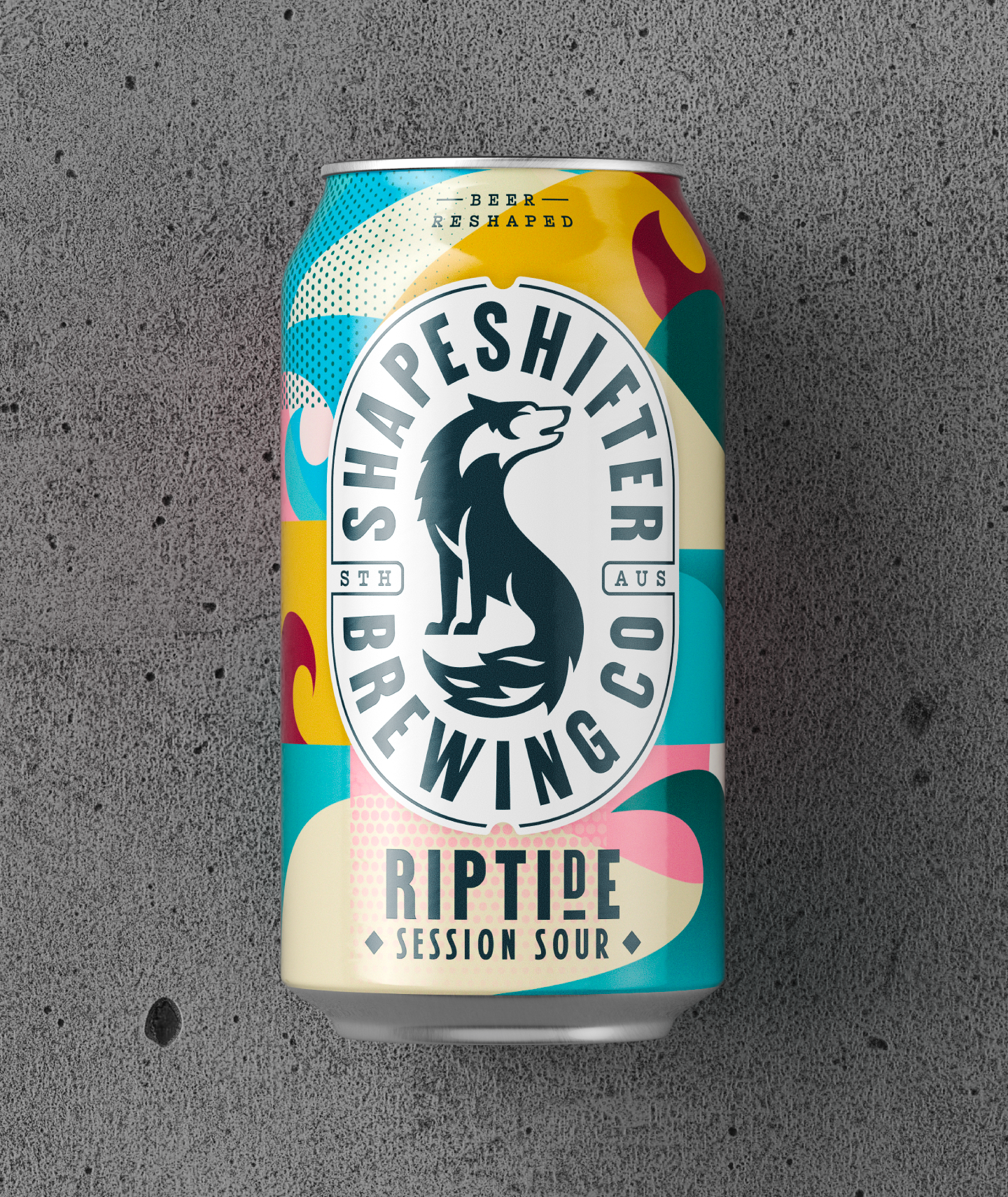 Can of Riptide Session Sour beer by Shapeshifter Brewing Co. featuring a shapeshifting wolf logo