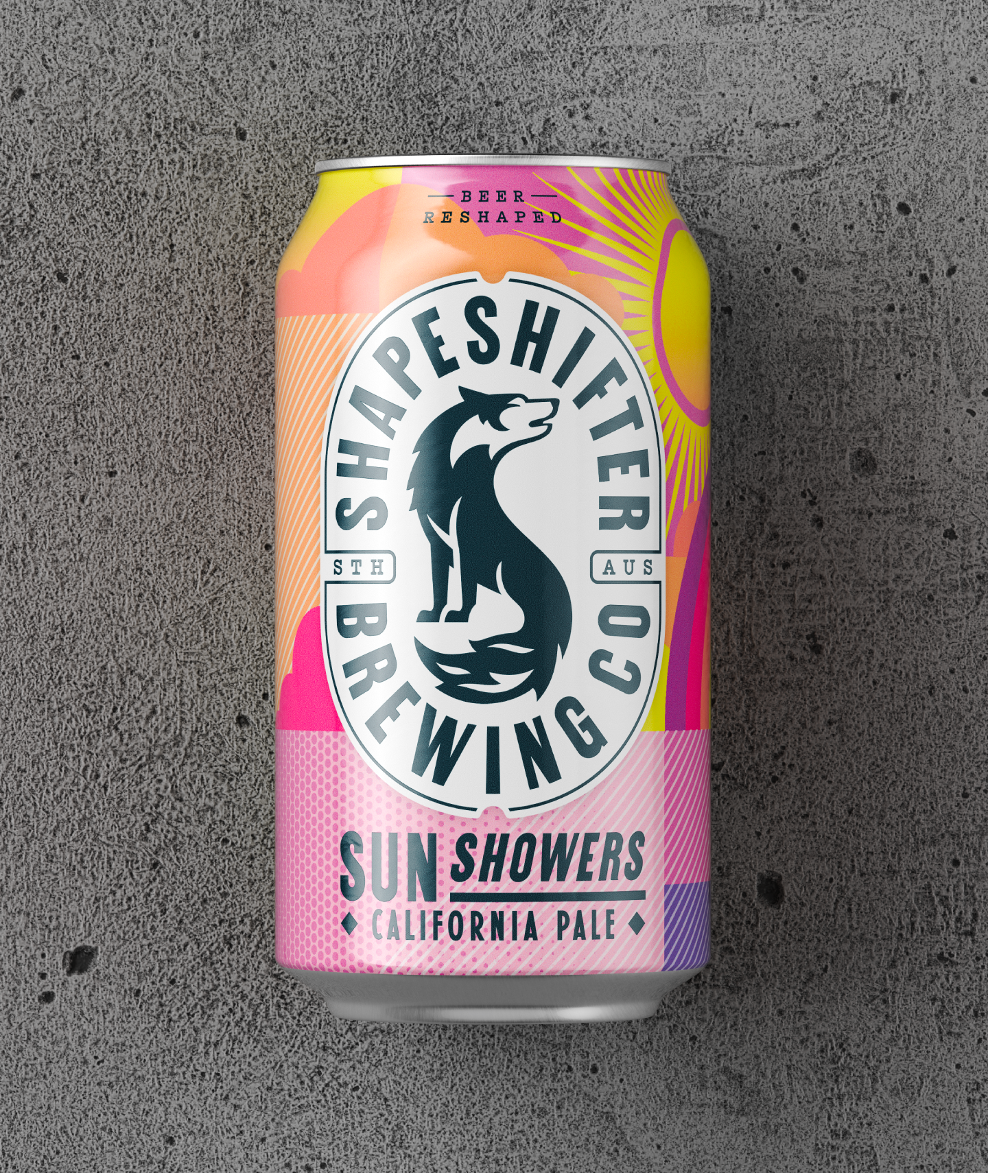 Can of Sun Showers California Pale beer by Shapeshifter Brewing Co. featuring the shapeshifting wolf logo