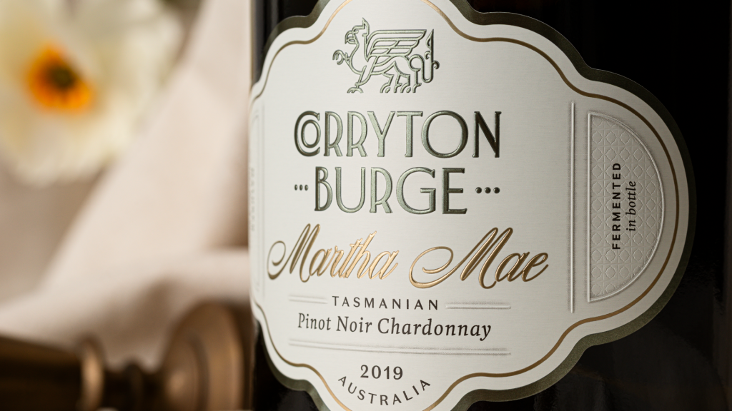 Close up of Corryton Burge Martha Mae front label showing finishing and embellishments