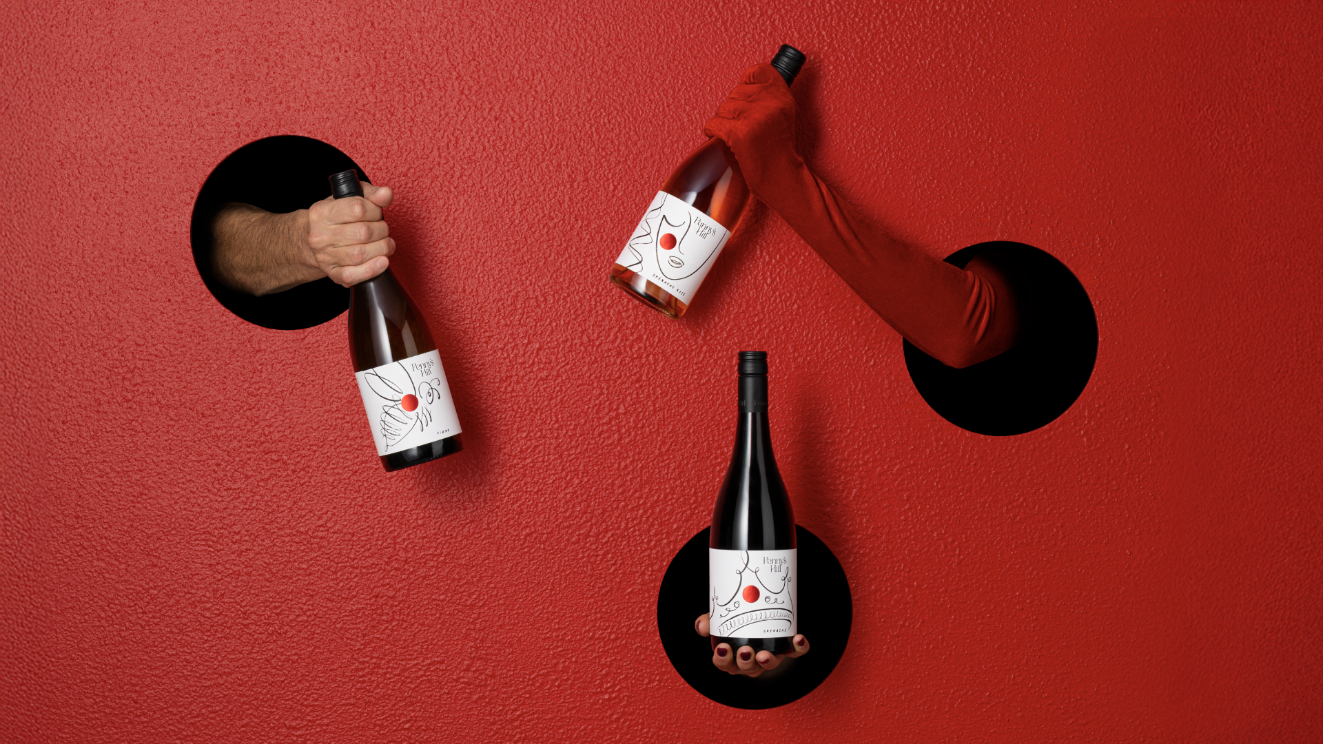 Art directed image showcasing the packaging for three bottles which make up the Penny's Hill Abstracts range of wines.
