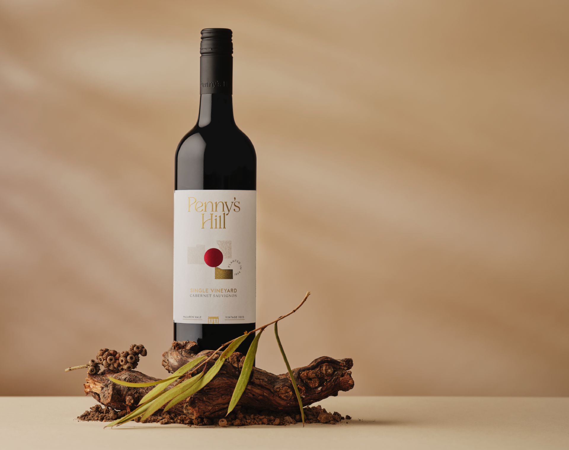 Styled image showing the full pack design for Penny's Hilll Single Vineyard Cabernet.
