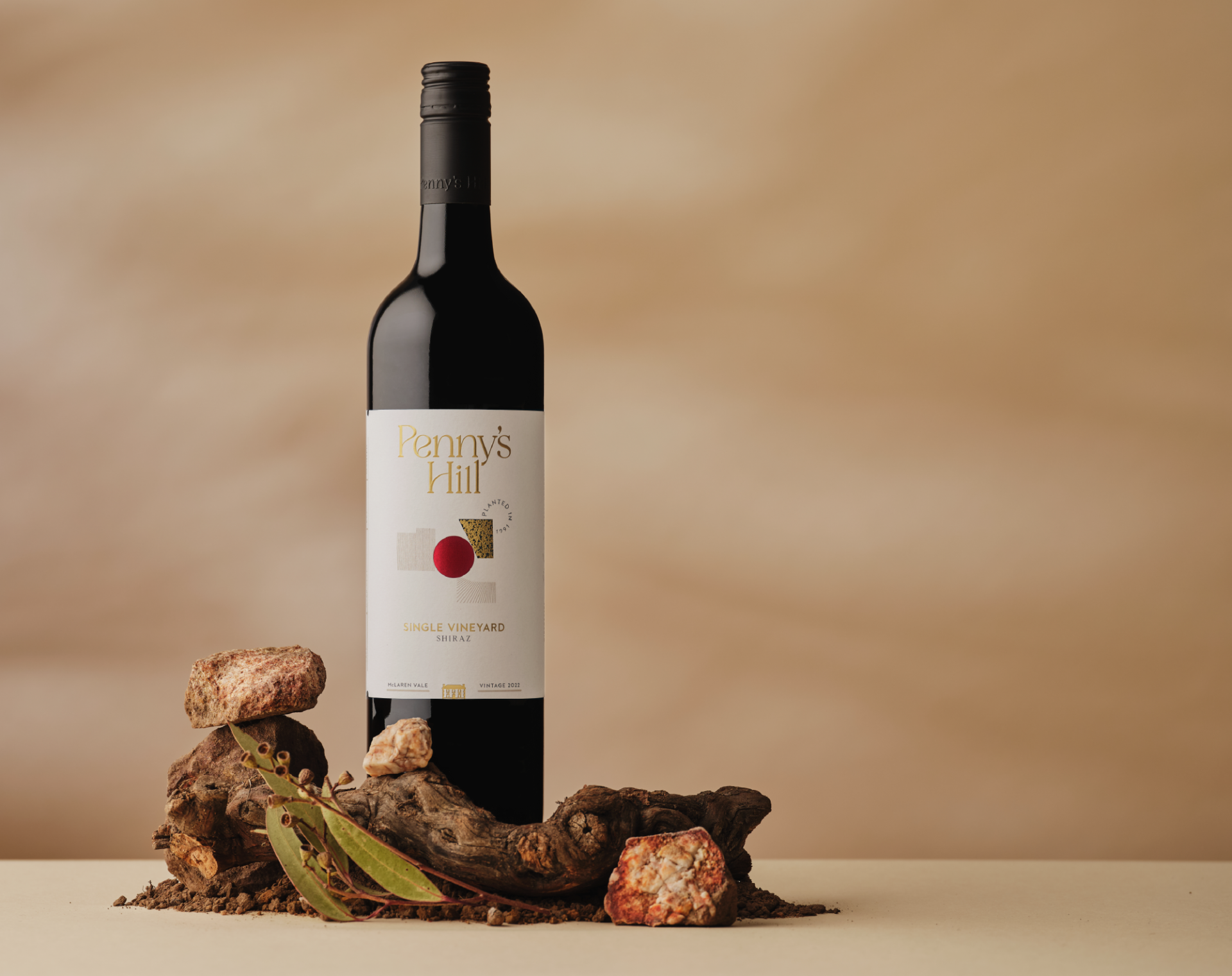 Styled image showing the full pack design for Penny's Hilll Single Vineyard Shiraz.