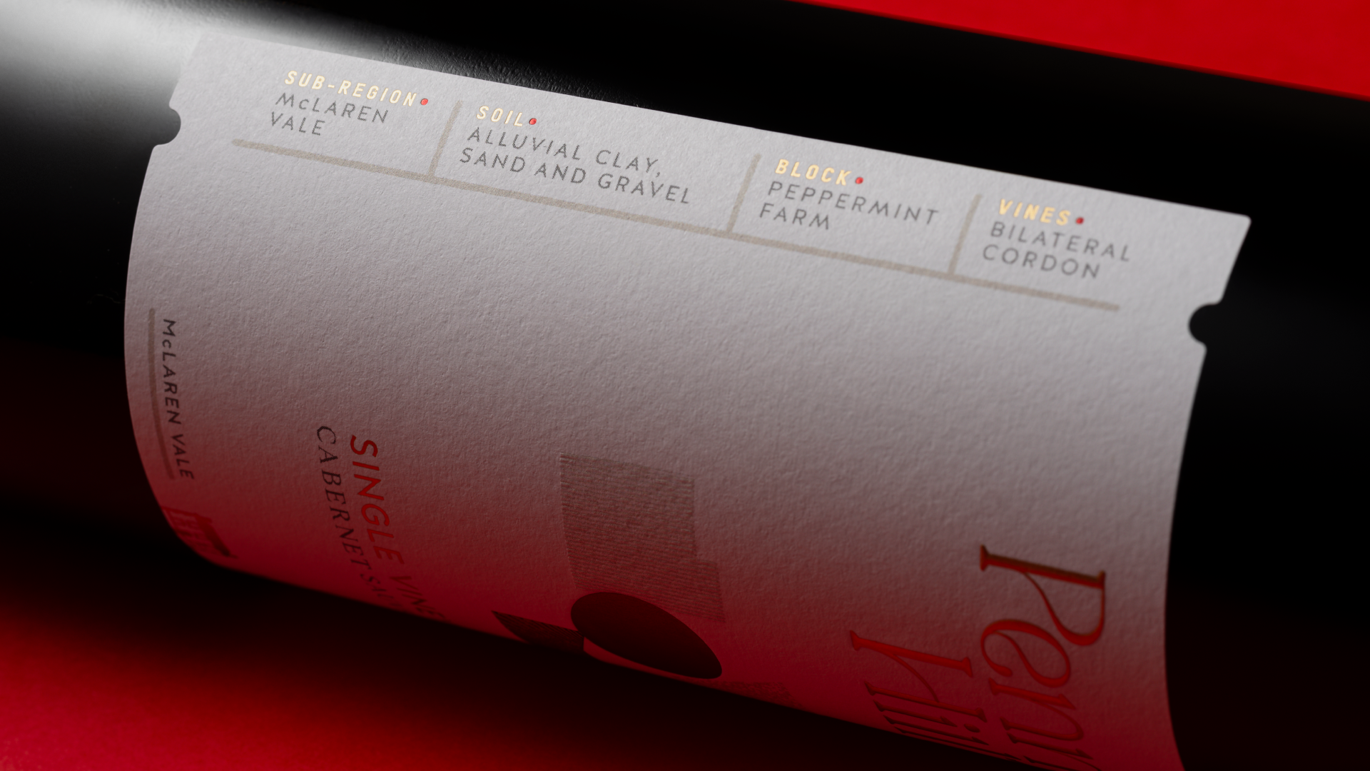 Detailed close up showing the winemaking notes on the side of the label design.