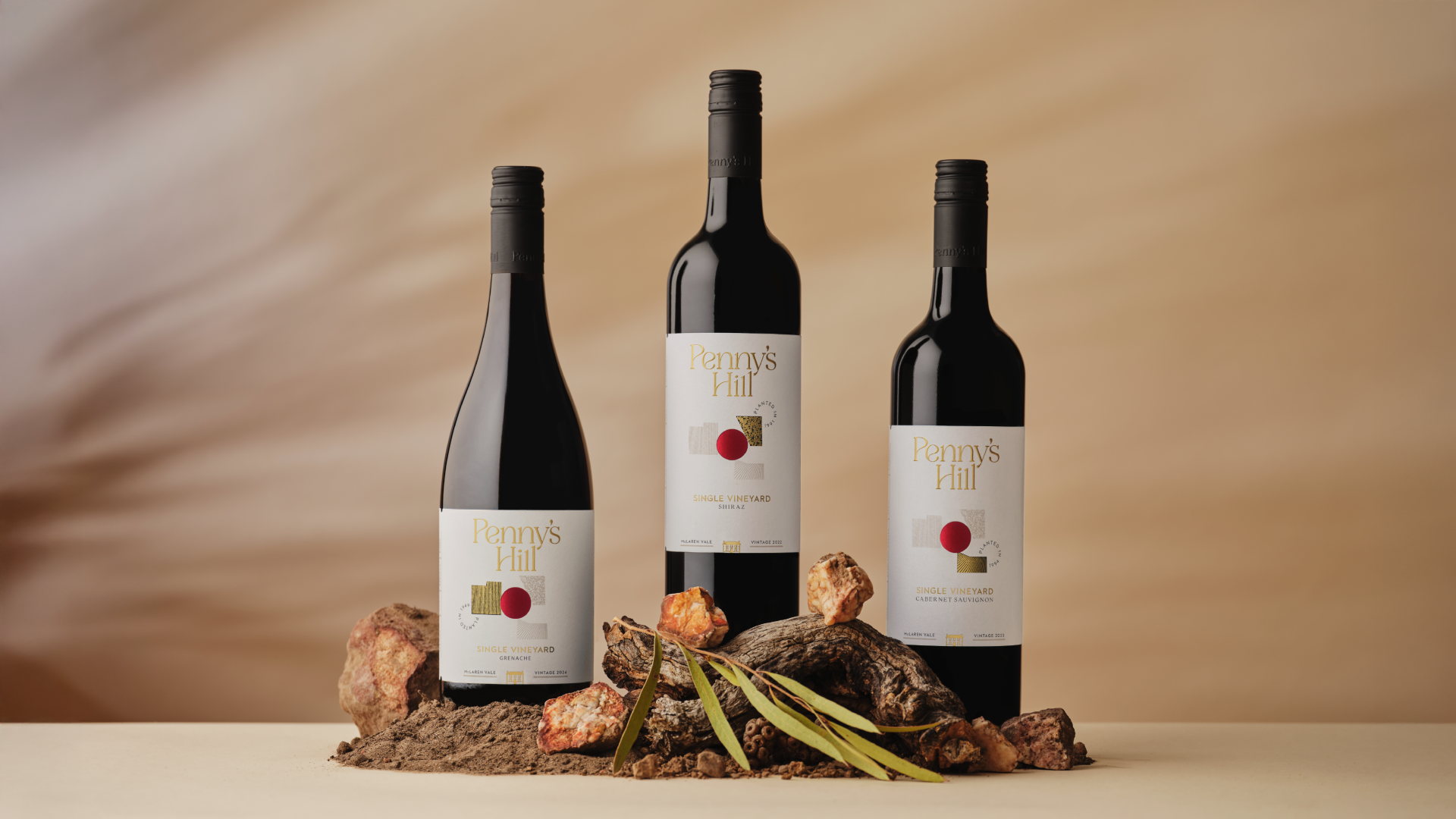 Range of three wine bottles forming Penny's Hill Single Vineyard range.