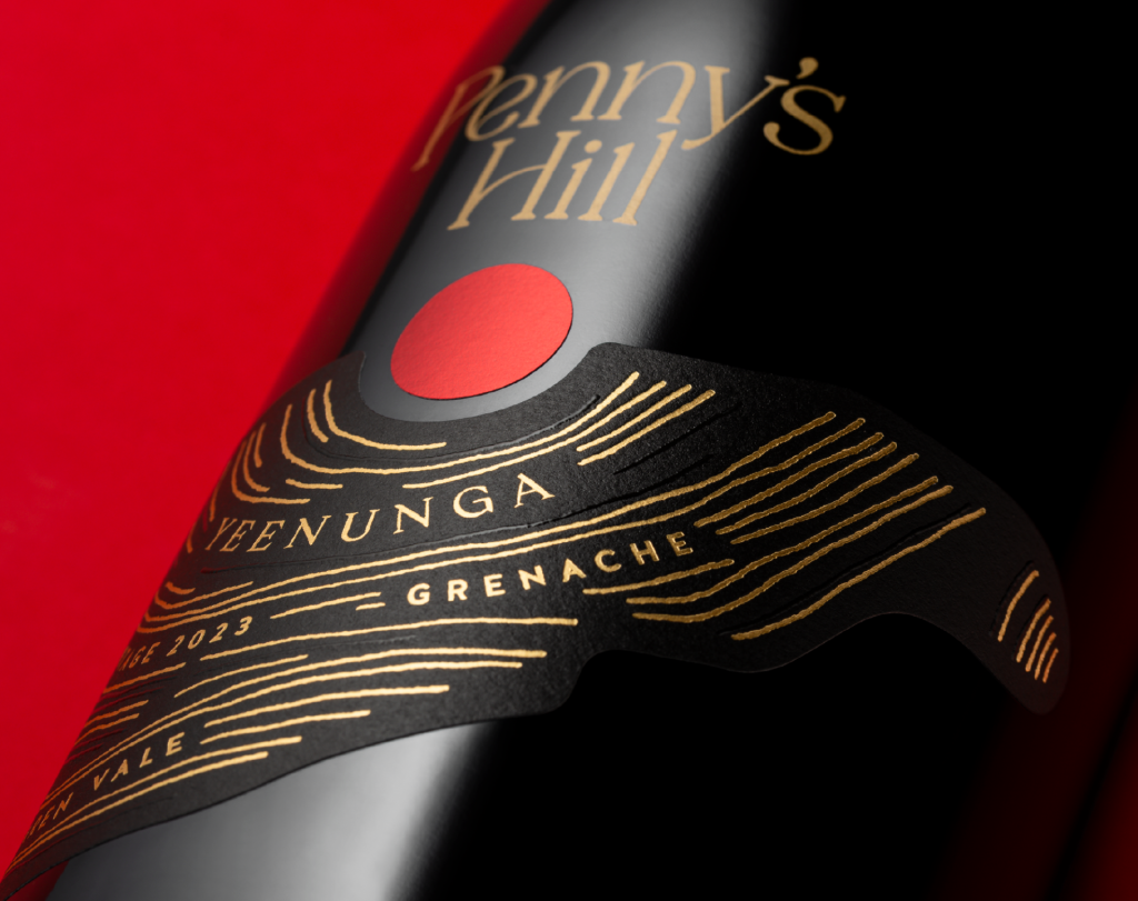 Close up of the Yeenunga Grenache label, showing the foil and varnish embellishments in detail.