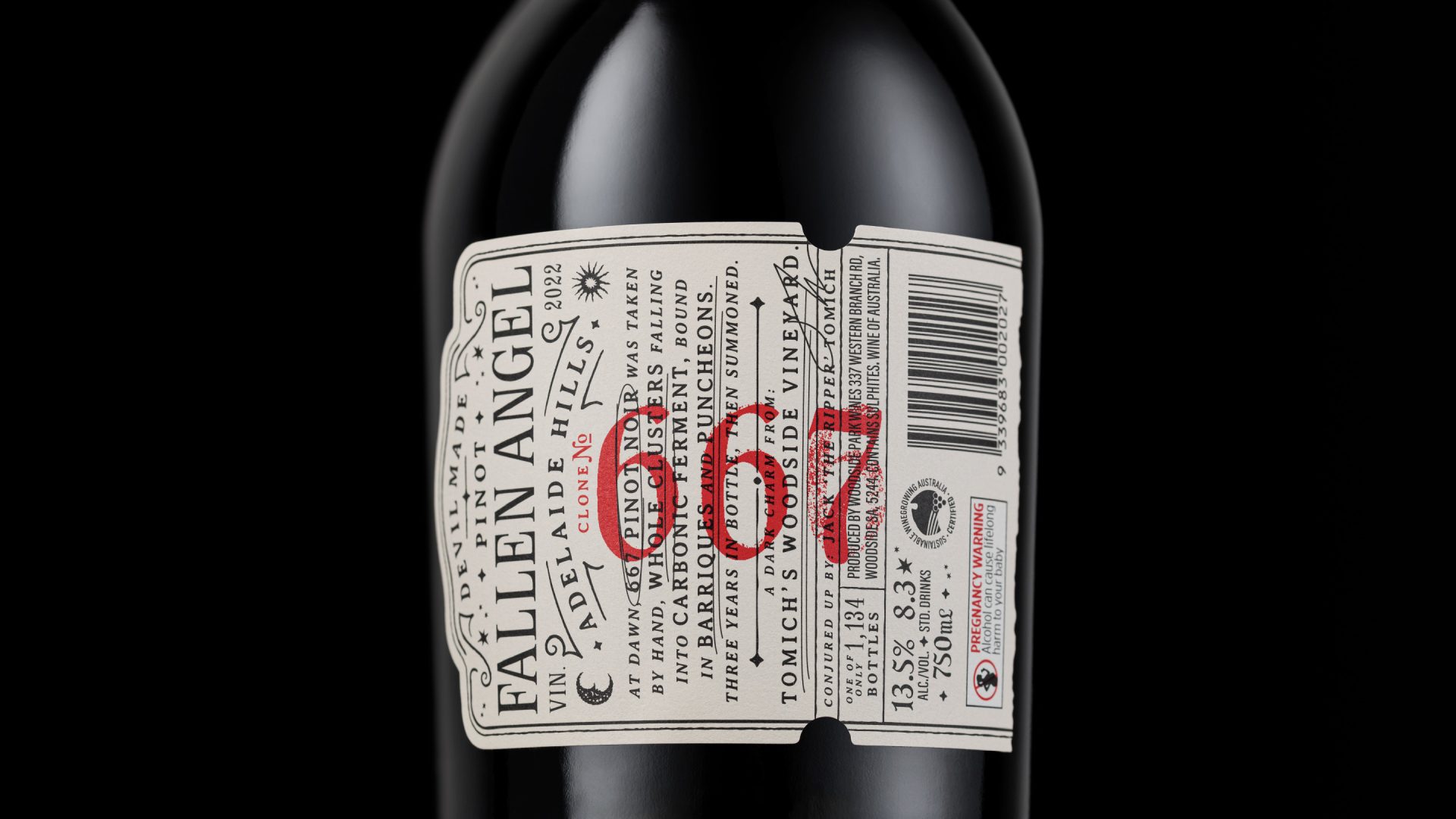 Back label packaging design for The Devil Made Pinot 'Fallen Angel' Single Clone, showcasing detailed technical typography, vintage specifications, and cohesive brand storytelling.