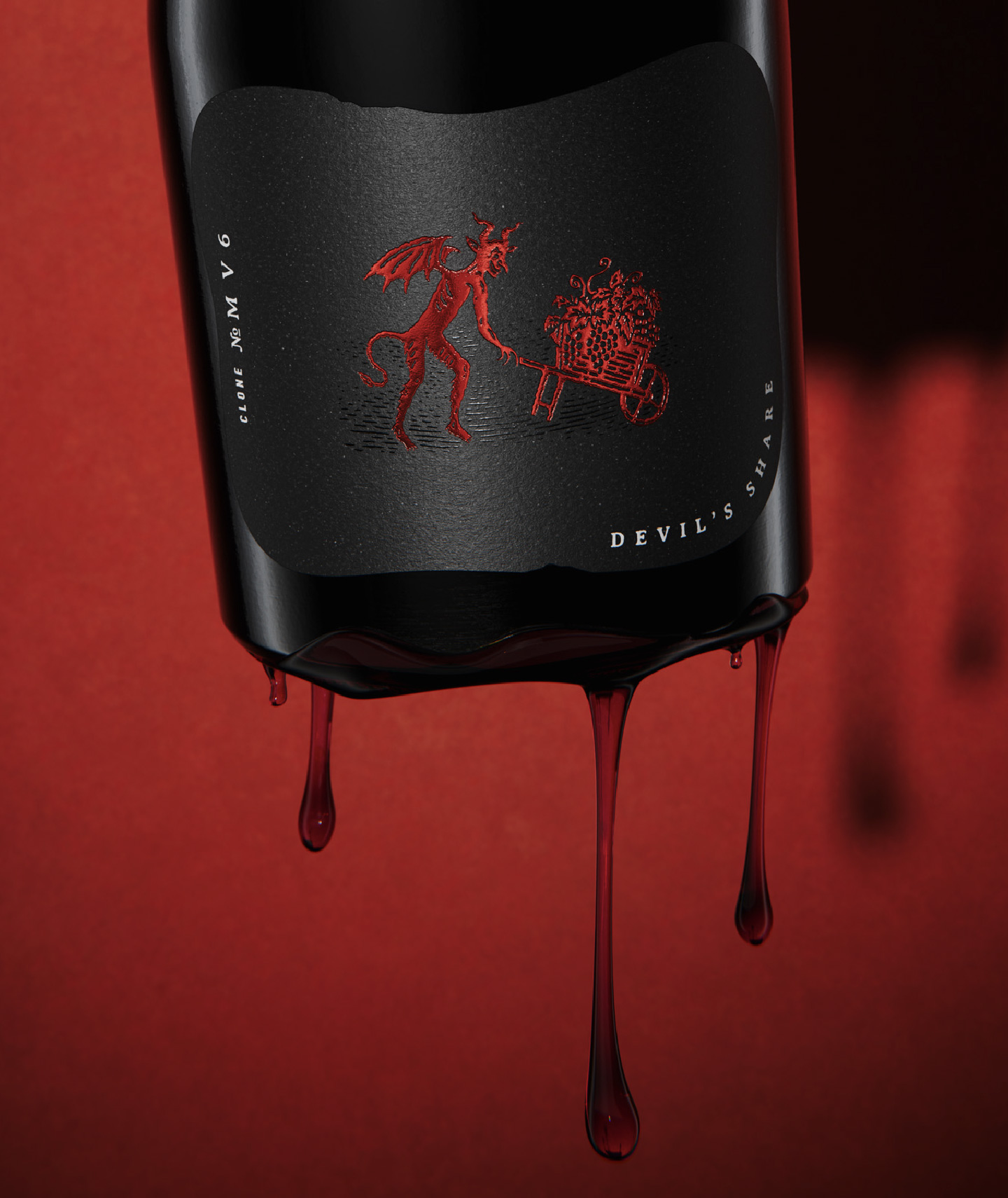 Close-up detail of 'The Devil Made Pinot' Single Clone MV6 label, showcasing custom red metallic foil stamping of a devil illustration on textured matte black paper.