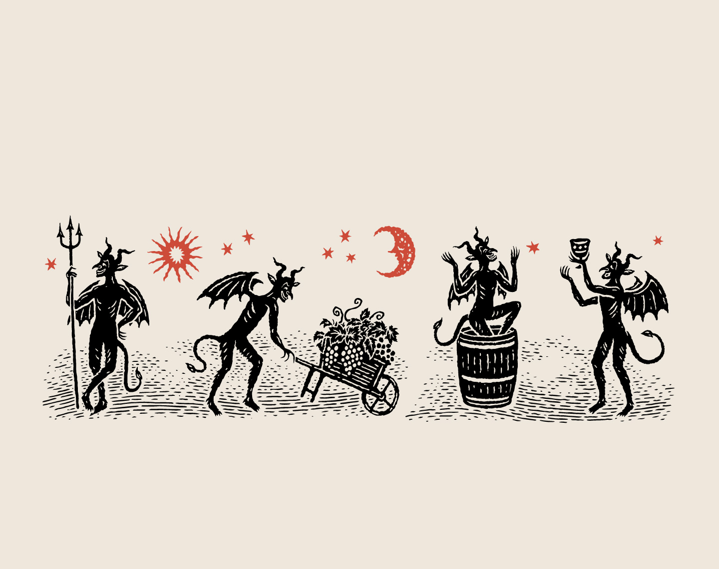 Custom illustrative brand assets for The Devil Made Pinot, featuring a series of mischievous devil characters in a distinctive woodcut style.
