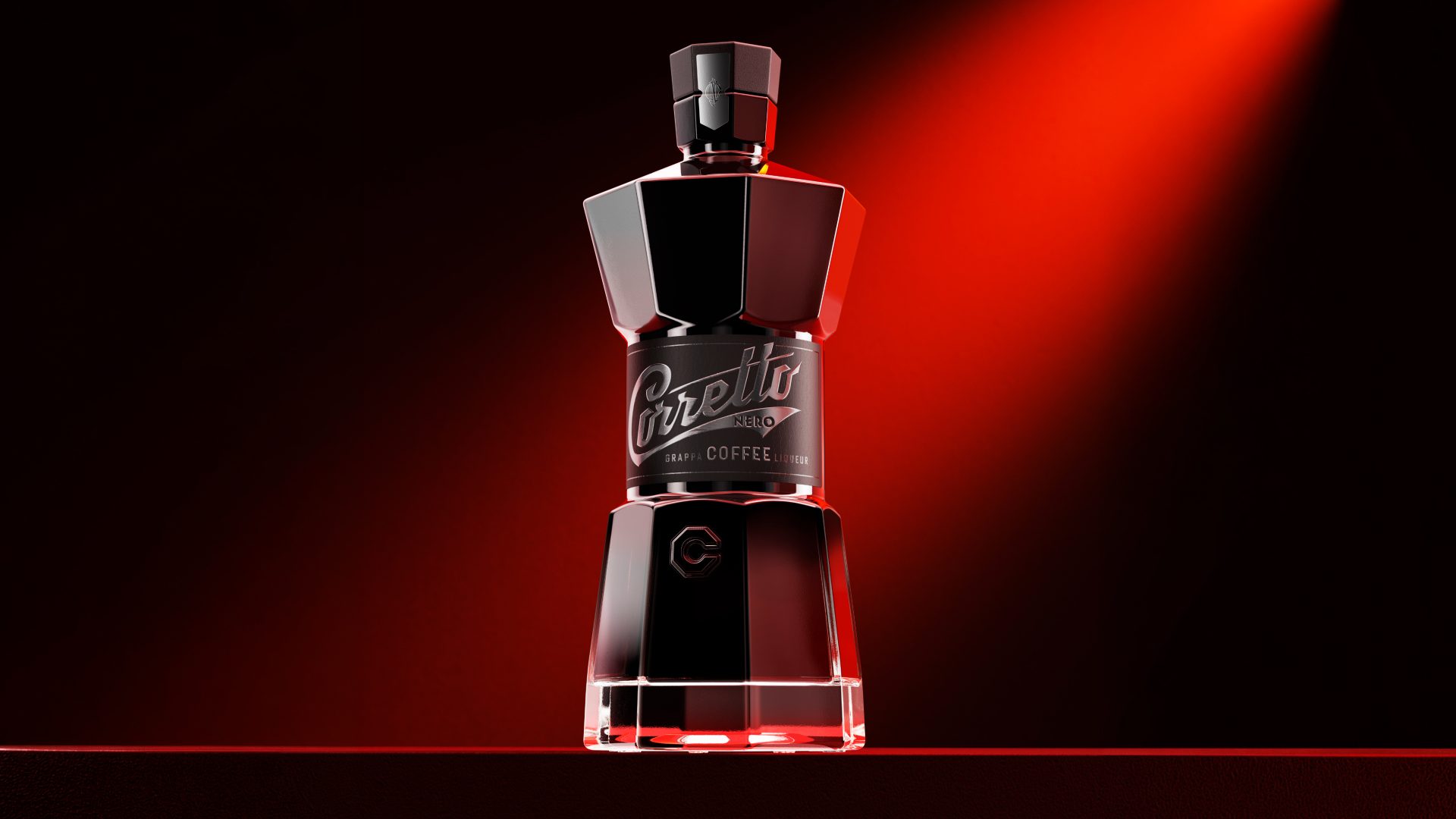 Corretto Nero Coffee Liqueur bottle and packaging design by Voice Design. A distinctive black geometric bottle and sophisticated label create a modern Italian identity for a contemporary coffee liqueur.