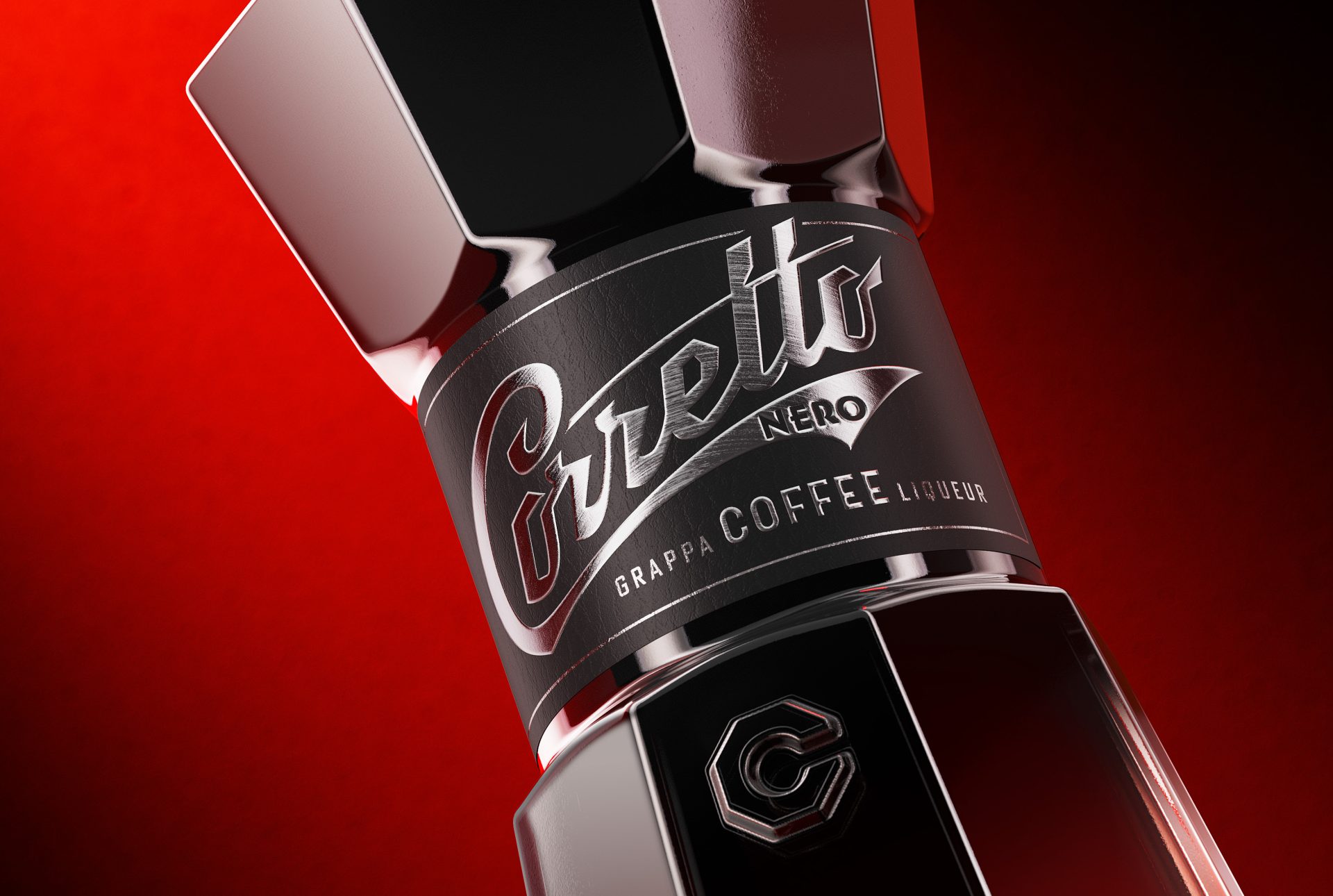 High-detail hero close-up of the Corretto Nero Coffee Liqueur bottle and label design, showing the faceted moka-pot silhouette, embossed silver logo, and custom brand asset designed by Voice Design.