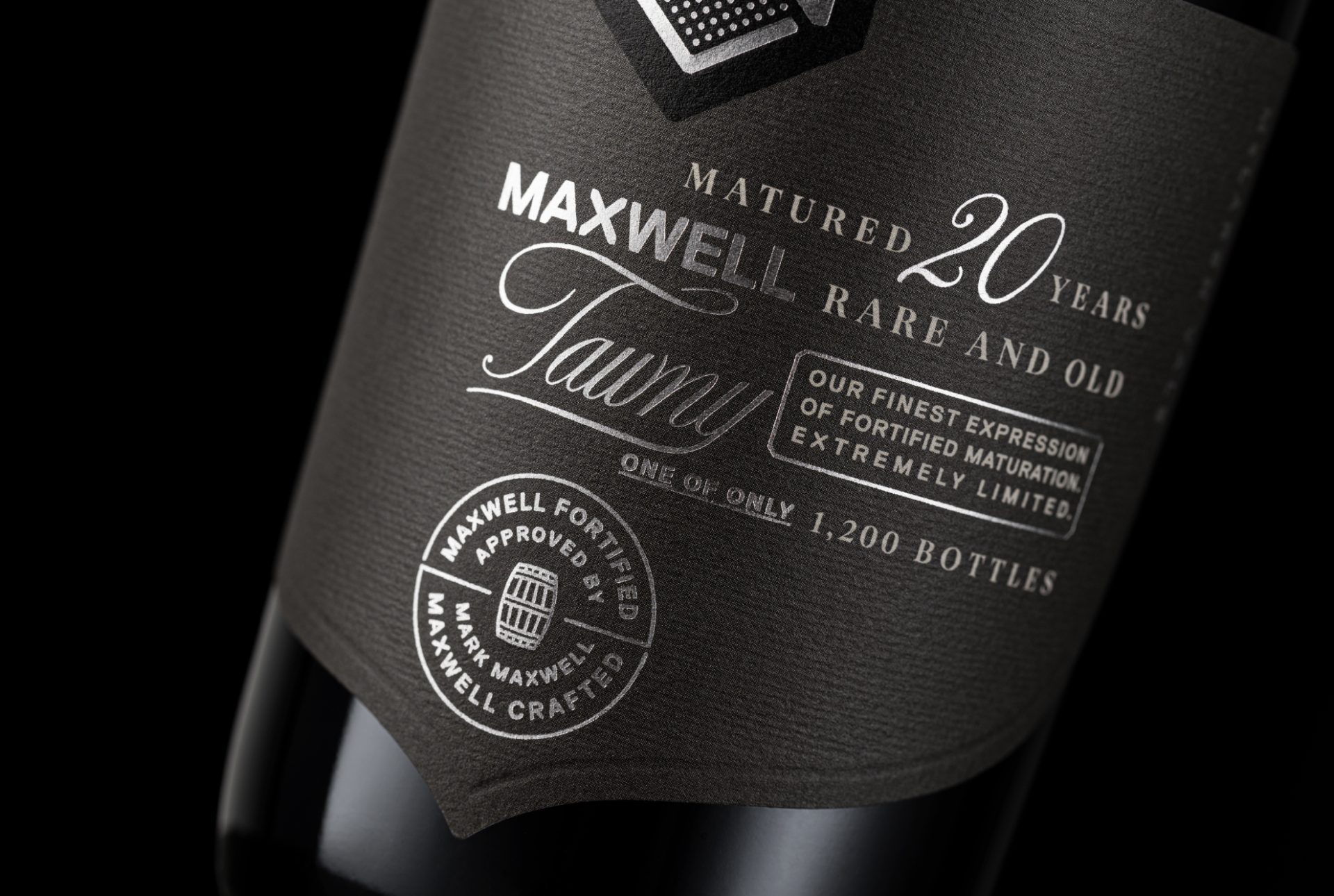 Maxwell Rare Old Tawny 20 Year Matured fortified wine bottle featuring a premium textured label designed by Voice Design.